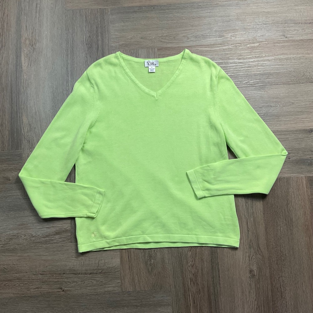 Lilly Pulitzer 100% Cotton V-Neck Pullover Sweater Womens Medium Lime Green